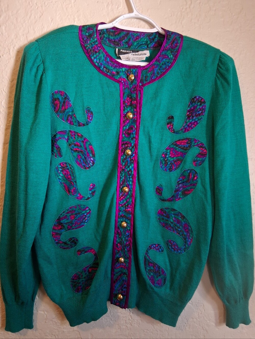 Vintage 80s Teal Embellished Button-Front Sweater with Paisley Accents SZ 10